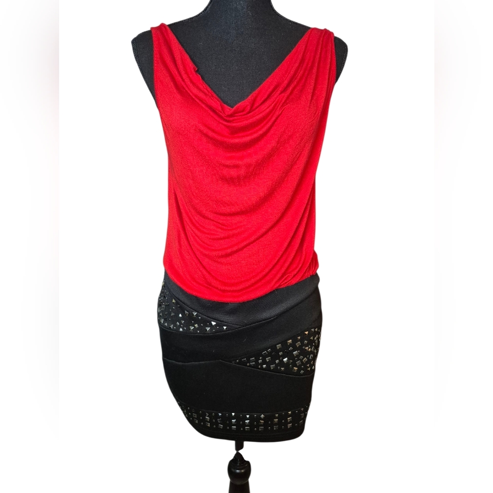 Vintage 80's Studded Grass Collection Mini Dress in Red & Black - Size Medium